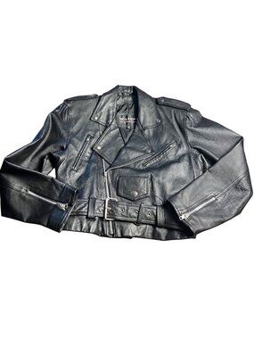 VTG 80s 90s Wilsons Black Belted Leather Cropped Biker punk Moto Jacket Womens M